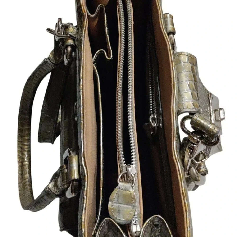 NEW Francesco Rogani Roma Crocodile Embossed Leather Sage Green Metallic Bag‎